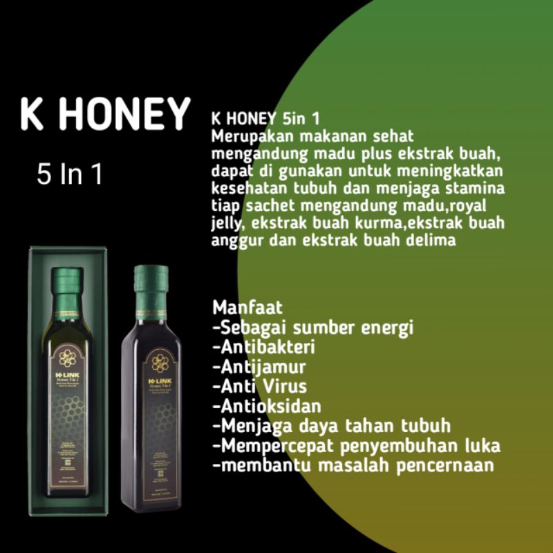 

K Honey5 in 1|Penambah stamina tubuh| ekstrak royal jelly,Ekstrak kurma, Ekstrak anggur dan delima