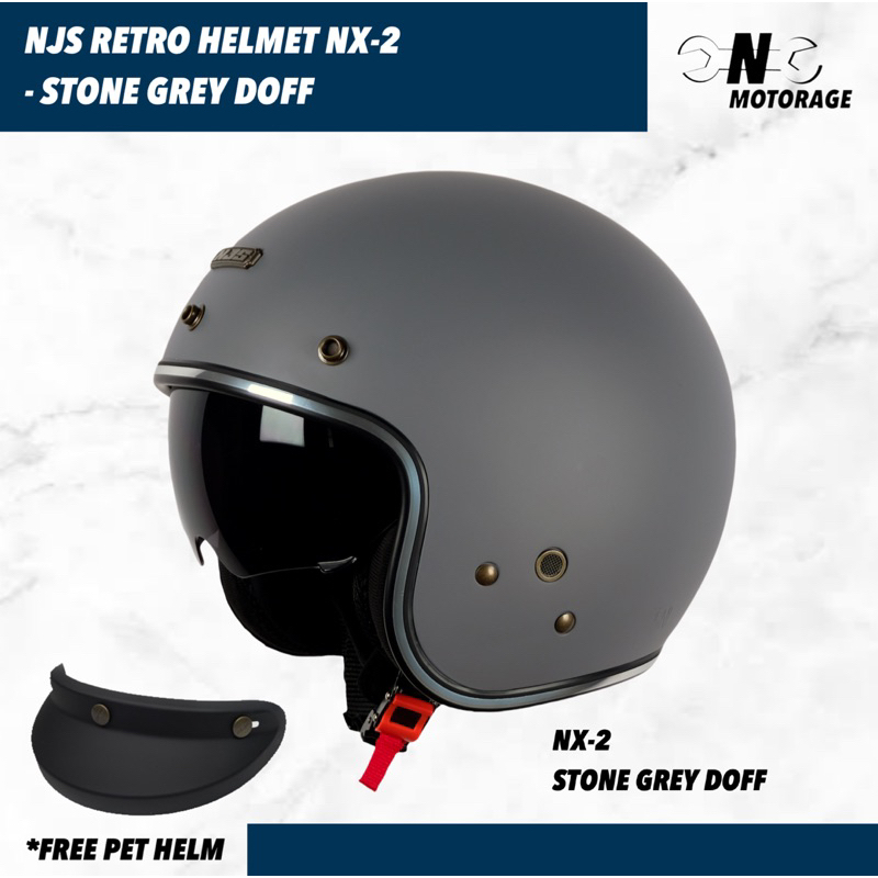 Helm Motor NJS NX-2 Half Face Retro - Stone Grey Doff / Abu Doff + Free Pet Helm