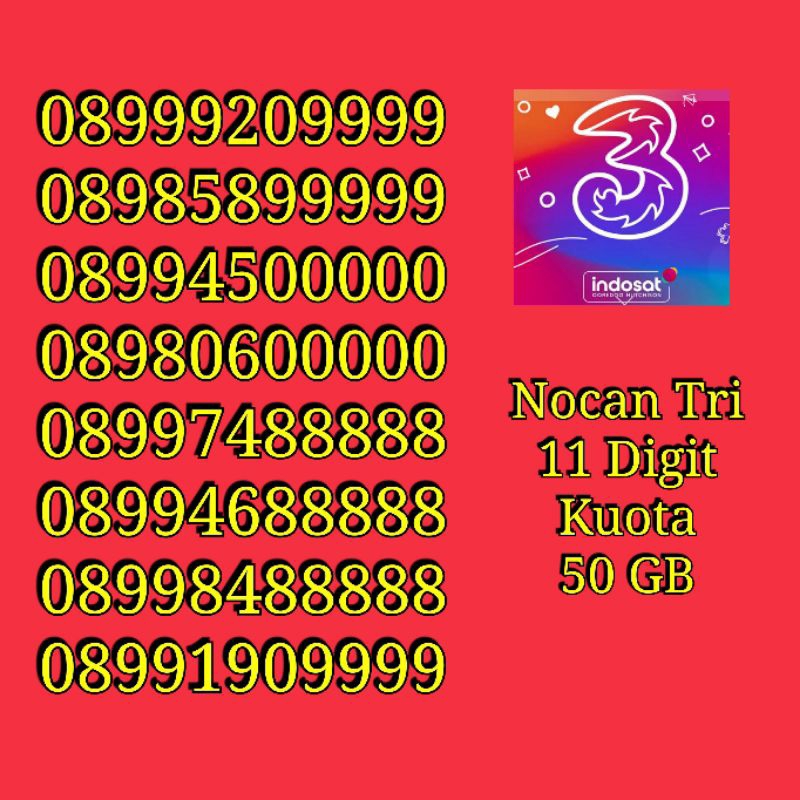 Nomor Cantik Nocan 11 Digit Panca Kartu Perdana Tri Three 4G LTE Kuota 100GB Platinum