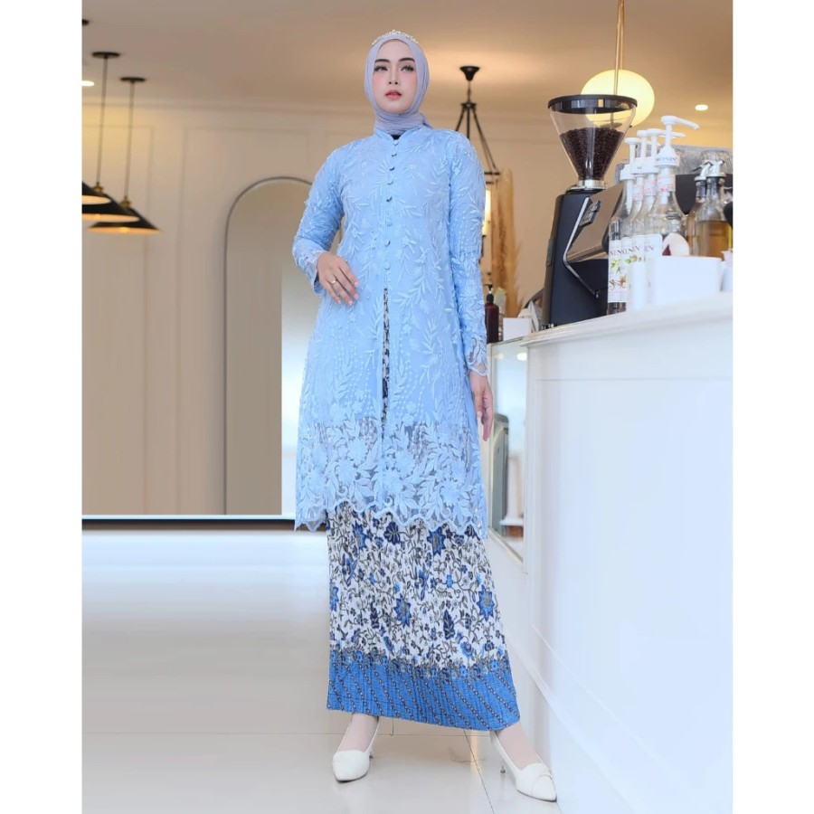 SETELAN KEBAYA PESTA WANITA TUNIK BUSUI KANCING SERIBU+ROK M-XXL - SET BABY BLUE