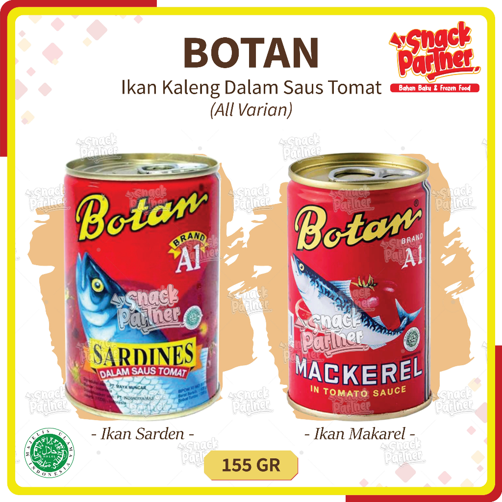 

BOTAN 155 GR - IKAN MAKAREL / SARDEN Kaleng Dalam Saus Saos Tomat - Sardines Mackerel in Tomato Sauce