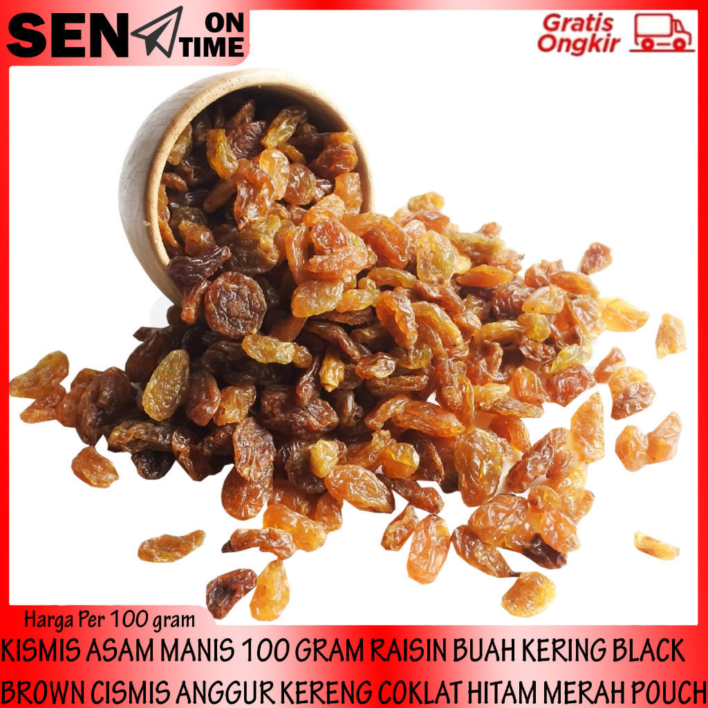 

KISMIS ASAM MANIS KIS MIS 100 GRAM BUAH KERING BLACK BROWN RAISIN CISMIS ANGGUR KERENG COKLAT HITAM MERAH POUCH 100GR ECER KILOAN TAMBAHAN CAMPURAN MASAKAN MAKANAN ADONAN KUE GOLDEN RISIN