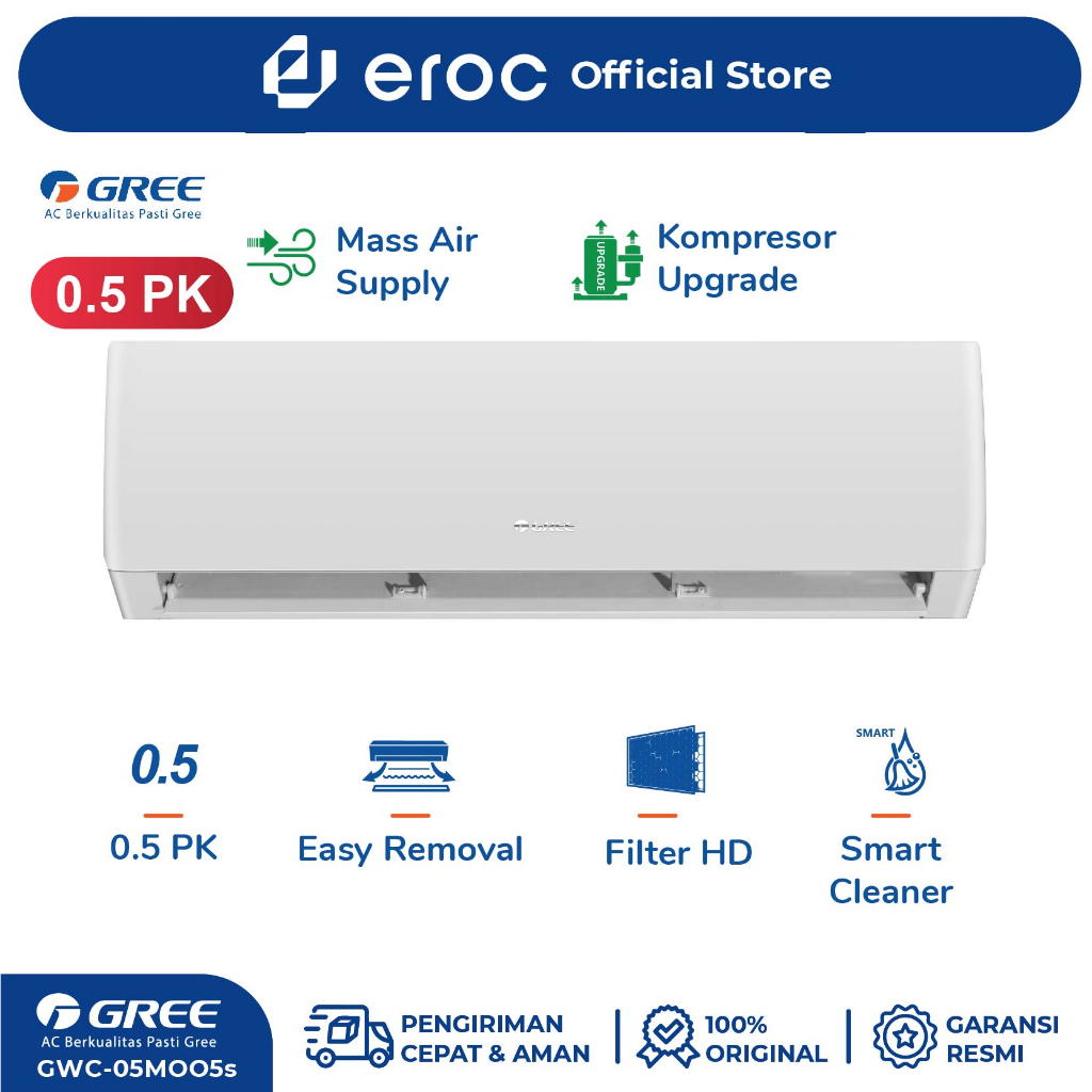 AC GREE 1/2PK Standard - AC 1/2 PK Standard MOO5A Series - with Fitur smart cleaner GWC-05MOO5A/S