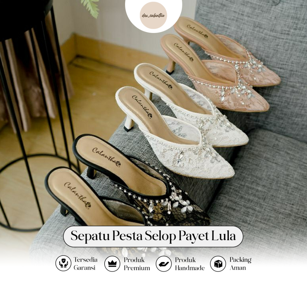 Deu_Calantha Sepatu Pesta Wanita Wedding Shoes Selop Payet Lula Heels 7 Cm Slop Kain Berbahan Brokat