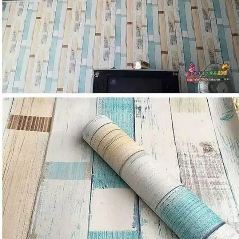 Wallpaper Dinding Sticker Dinding Kayu Kombinasi Warna Putih Biru Krem Dekorasi Dinding Rumah Ruang 
