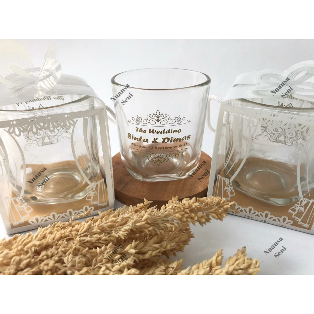 Souvenir Pernikahan Gelas Kopi Kaca Cangkir PSP Tumbler Mug Minum Kaca Sablon Kemas Mika Motif