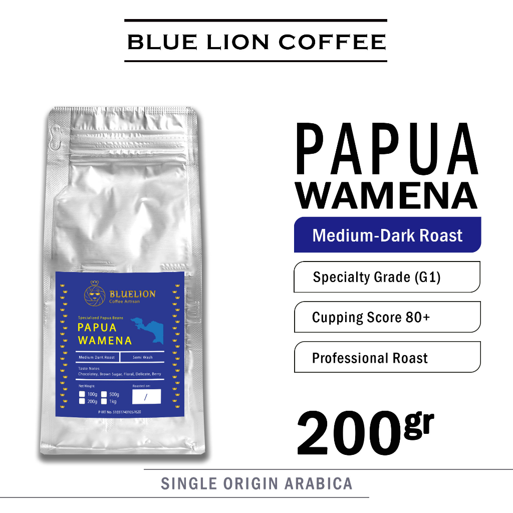 

Blue Lion Coffee Papua Wamena 200 gram Medium Dark Roast Biji Kopi Bubuk Single Origin Arabica