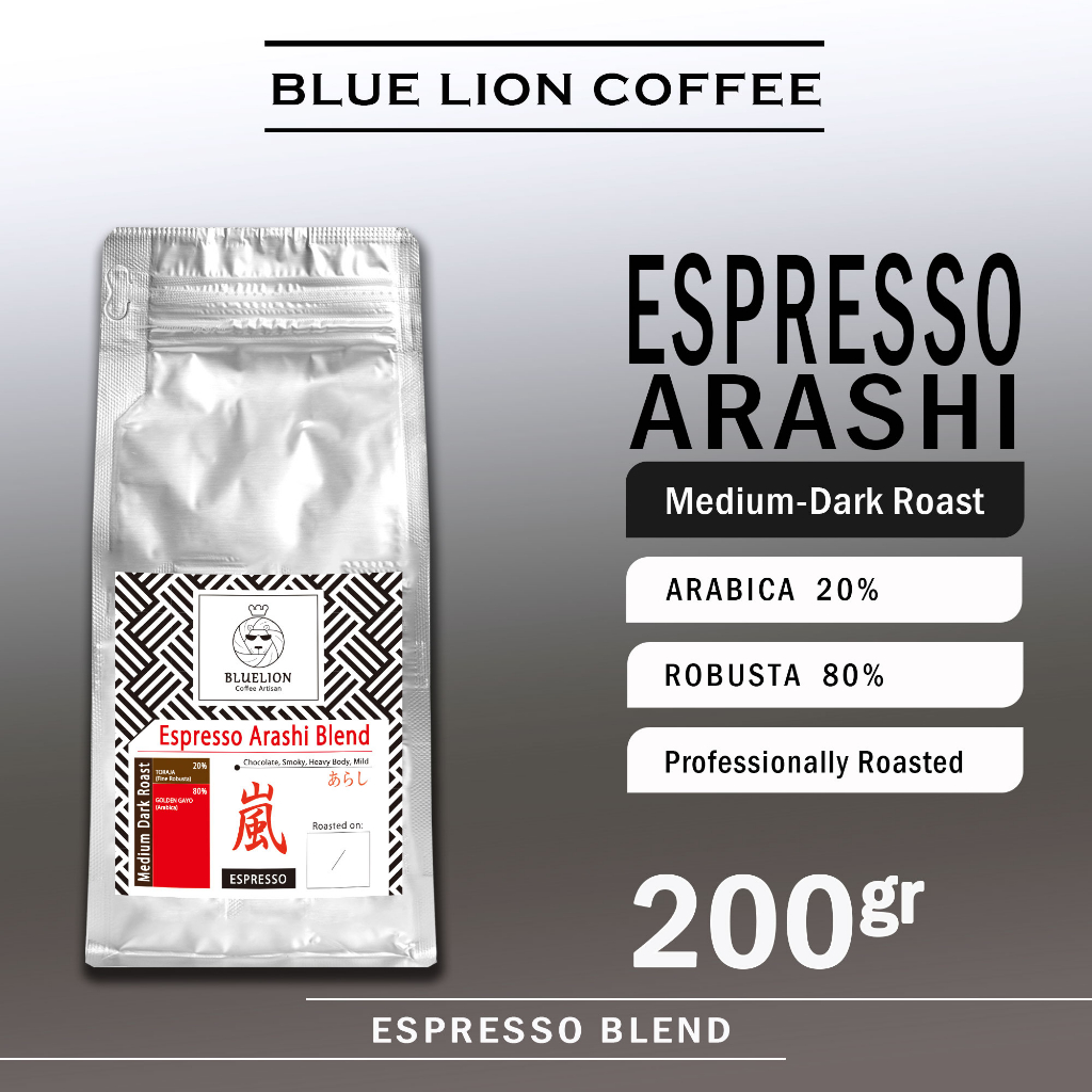 

Espresso Arashi Blend 200 gram Medium Dark Roast Biji Kopi Bubuk Robusta 80 Arabica 20 Blue Lion Coffee