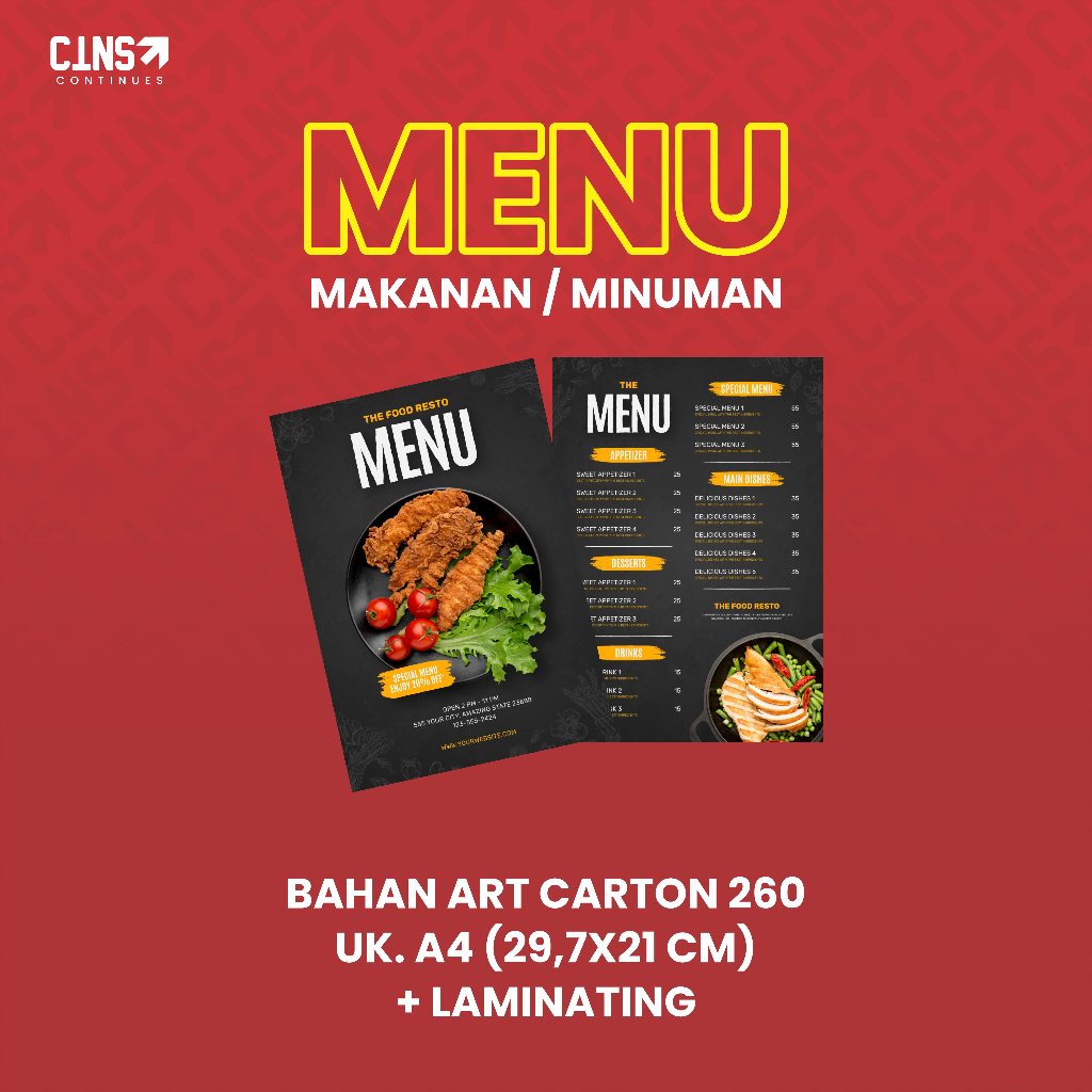 

Cetak Menu Ukuran A4+Laminating Bisa Request Desain