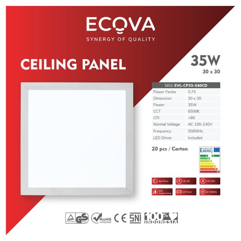 ECOVA Lampu LED Ceiling Panel Downlight Kotak 30X30cm 35 Watt Putih 6500K