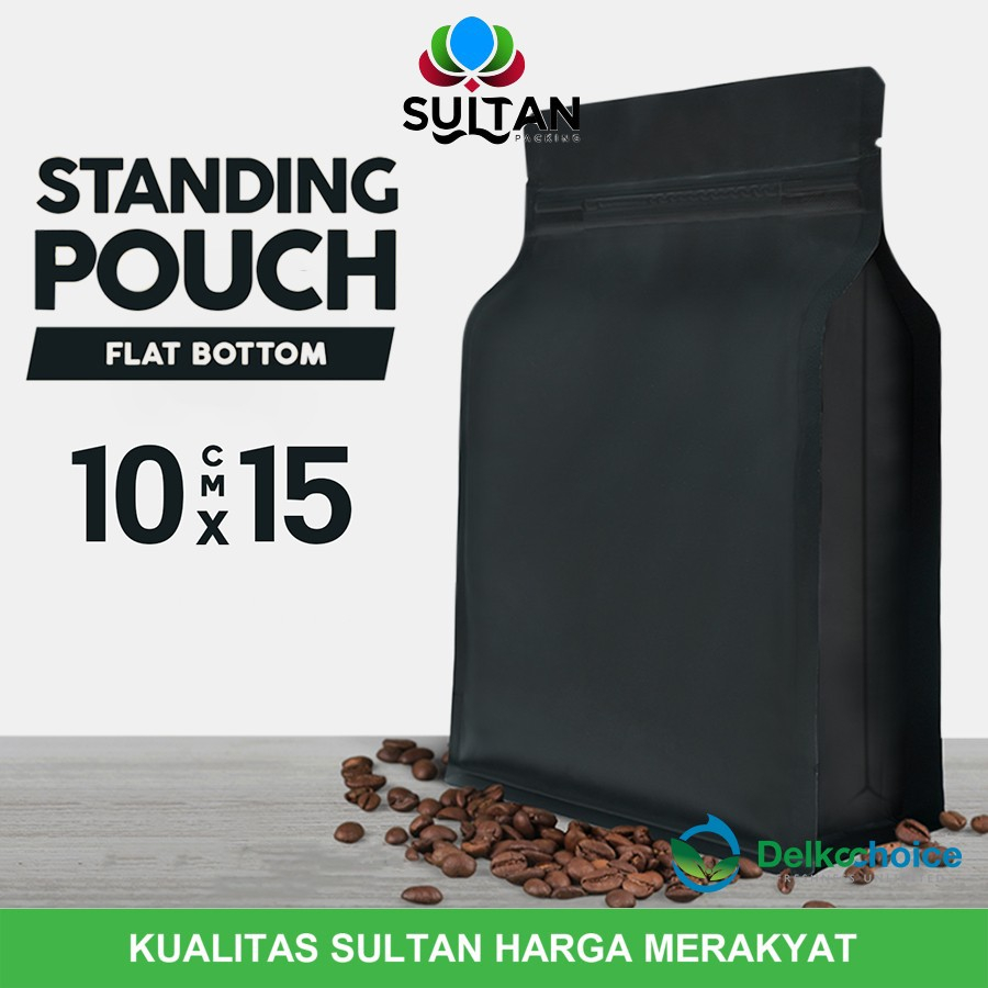 STANDING POUCH ZIPLOCK HITAM METALIZE FLAT BOTTOM DELKOCHOICE 10X15