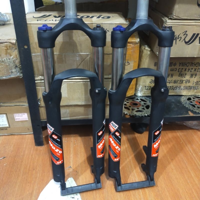 fork sepeda MTB 27,5 inch oversize merk mozo 28,6mm travel 100mm disc brake only shock breaker depan