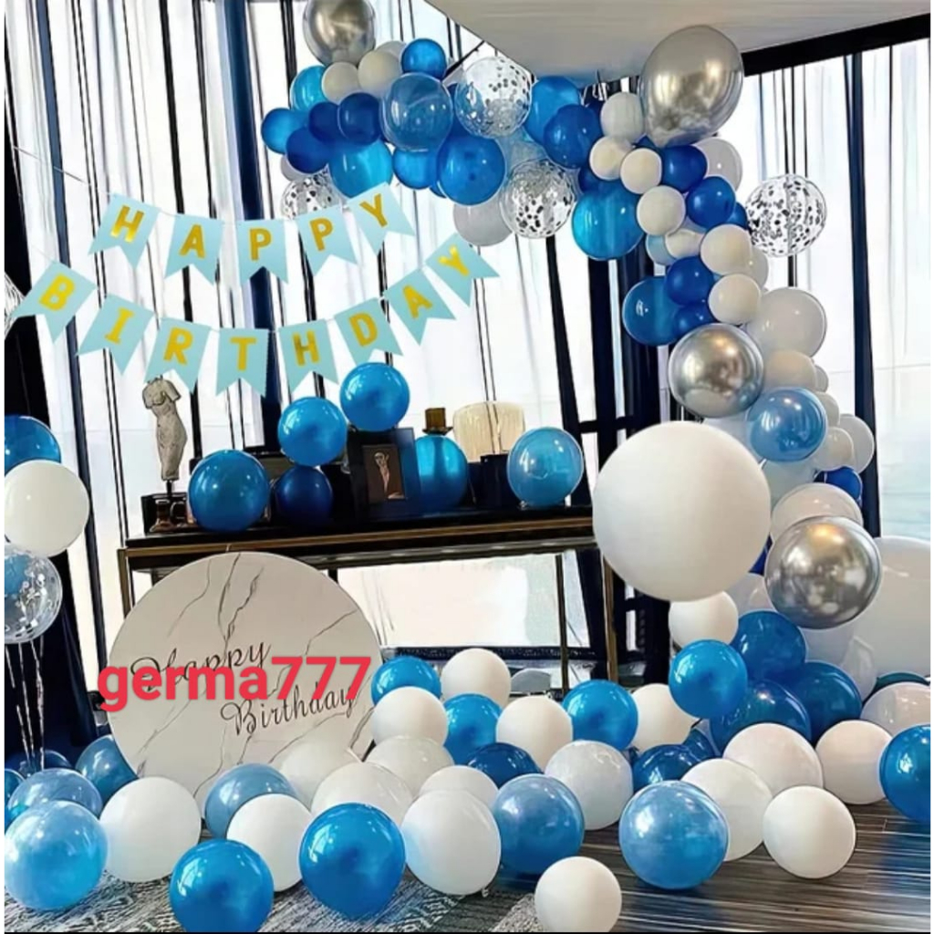 Paket Set Dekor Pesta Ulang Tahun Anak Banner Happy Birthday Biru Dekorasi Balon Ultah Simple