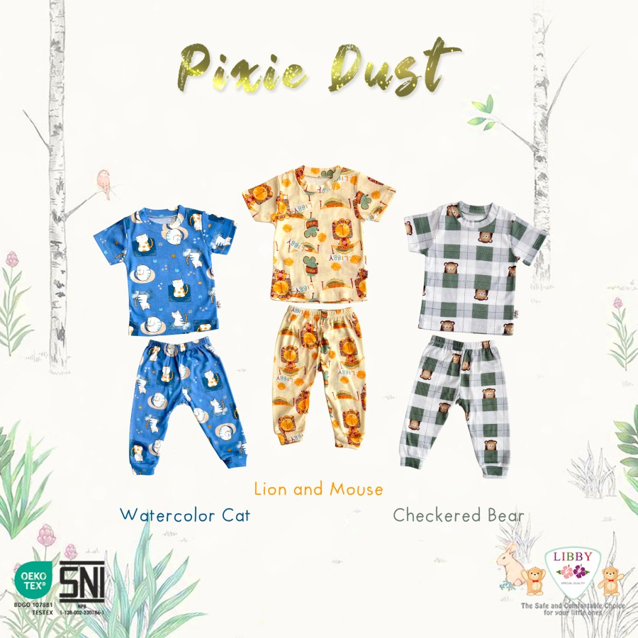 LIBBY 1 PASANG SETELAN OBLONG MOTIF PIXIE DUST KAOS PENDEK CELANA PANJANG COTTON RIB KAOS HARIAN ANA