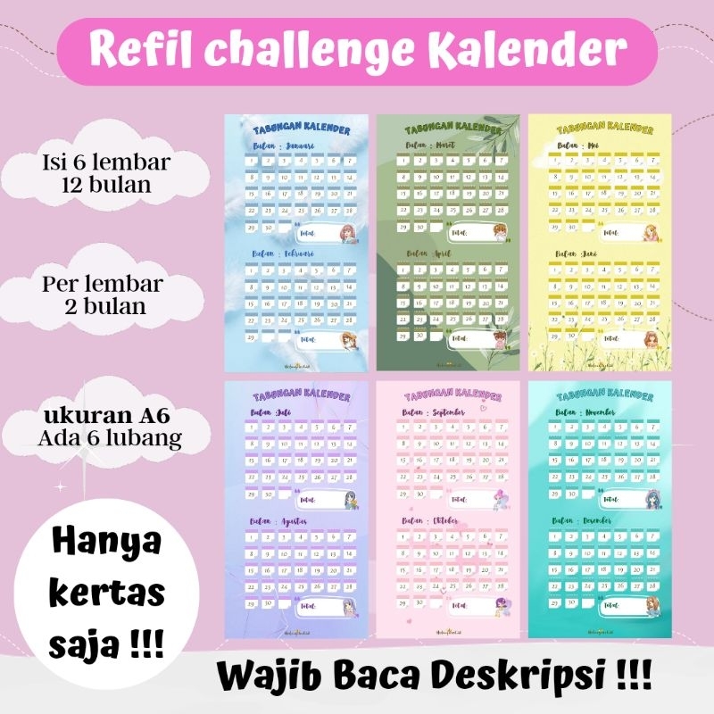 

refil kertas kalender 6 lembar per lembar isi 12 bulan kertas challenge menabung viral
