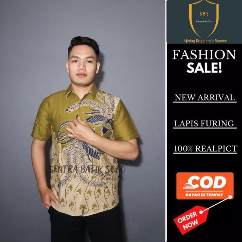 Batik Lengan Pendek Pria Kemeja Batik Slimfit Premium Batik Remaja Hijau Lemon Kekinian Baju Batik M