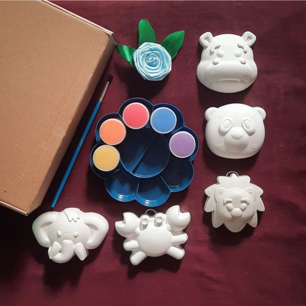 PAKET HEWAN > Paket Patung Lukis Gypsum Karakter Hewan Gajah, Panda, Singa, Kepiting (Kuas, cat, pal