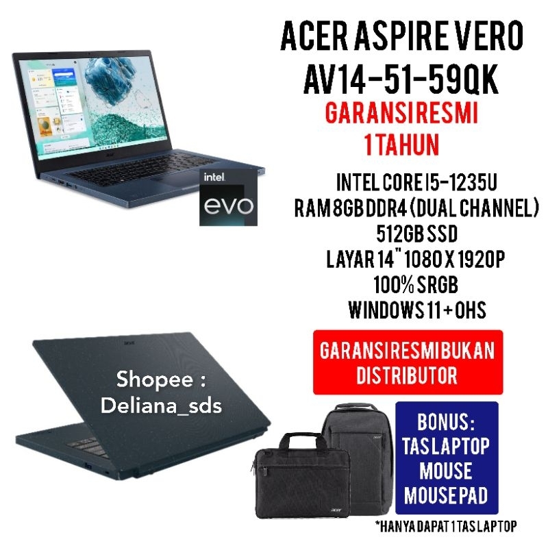 Laptop Acer Aspire Vero AV14-51-590K Intel Core I5 1235U 8GB/512GB SSD Garansi Resmi 1 Tahun Laptop Acer AV14-51-590K Intel I5-1235U 8GB/512GB SSD Laptop Acer I5 1235U Laptop Acer Intel I5 Laptop Acer Murah