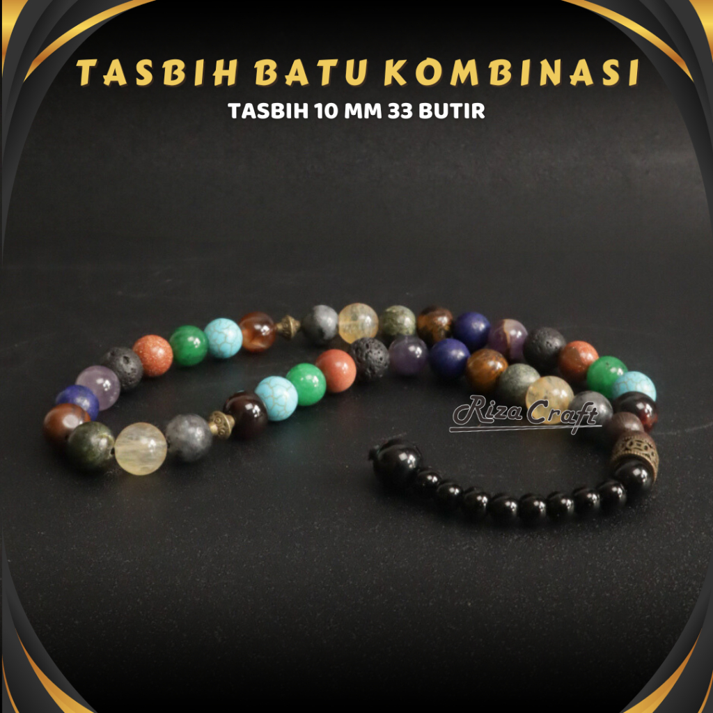 Tasbih Batu Alam Akik Cantik Custom 10mm Black Jet Pirus Persia Giok Hijau 33 Butir 100% Asli Origin