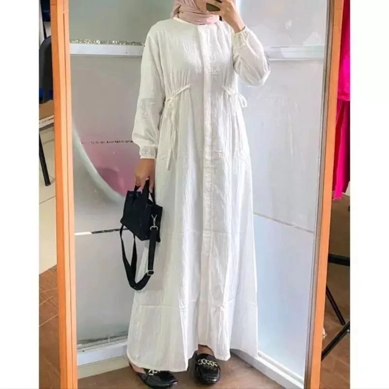 Midi Dress Gamis Linen Crinkle Bahan Lembut