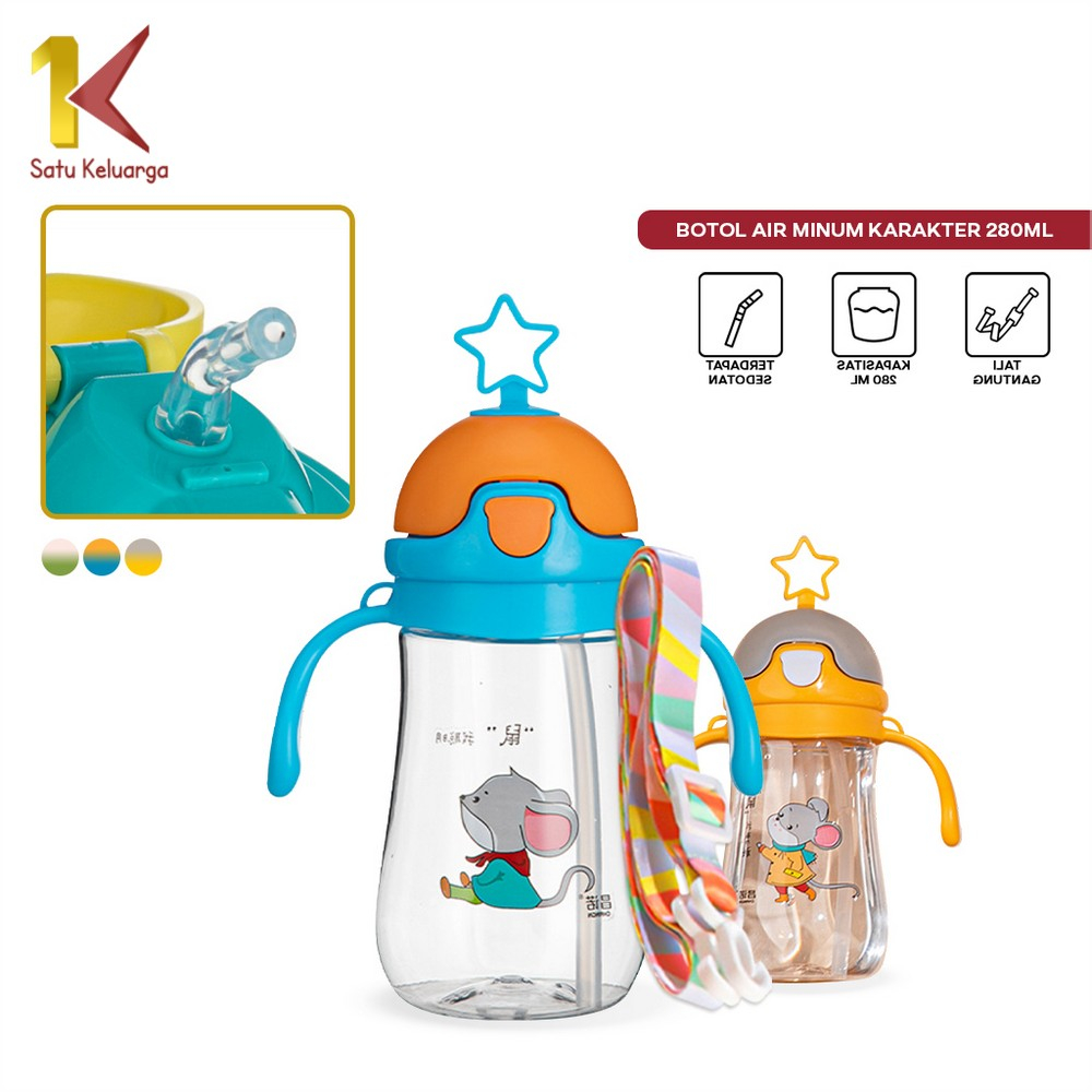 Satu Keluarga Botol Minum Anak 280ML Motif Bintang C912 Botol Air Minum Karakter dengan Tali Gantung