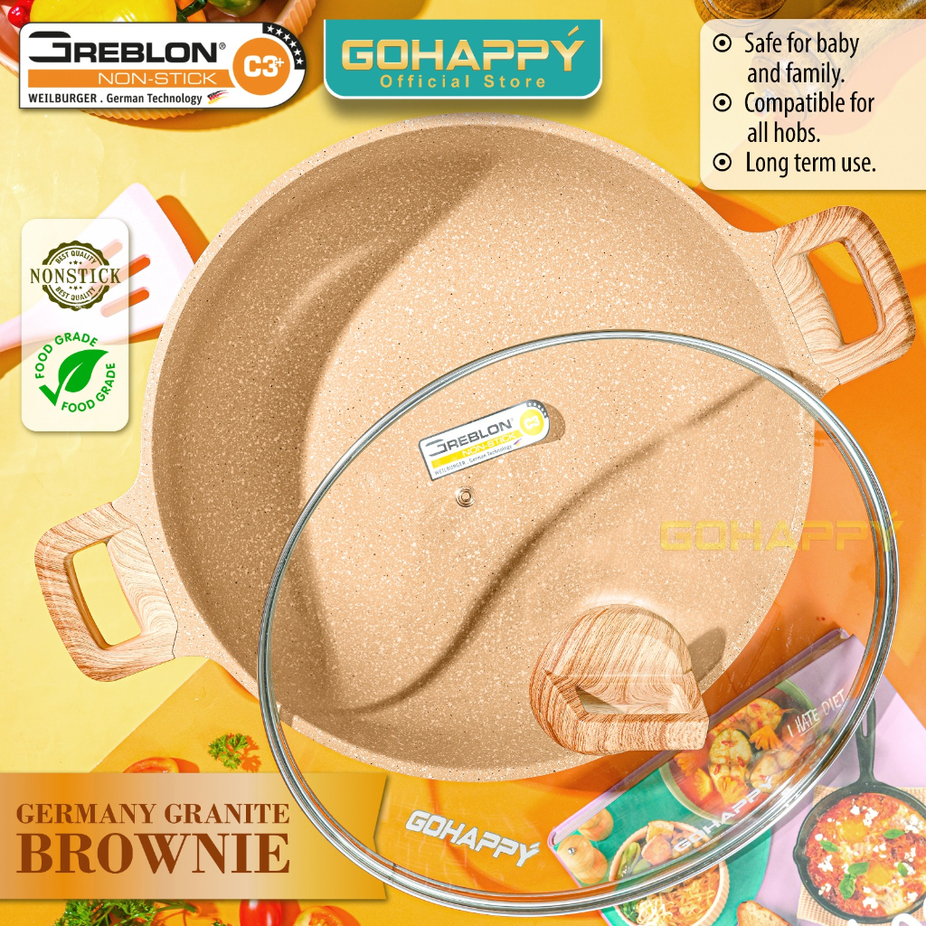 new panci wok pan 30cm 32cm tutup kaca gohappy germany granite cool brownie wajan wokpan anti