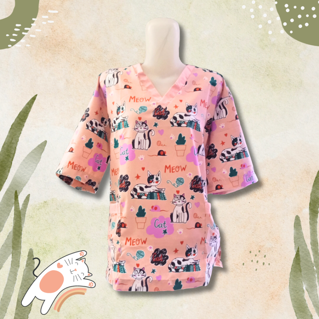 BAJU PRAKTEK DOKTER HEWAN PEACH MEOWCAT VET SCRUB MOTIF KUCING MOTIF MENARIK BAJU PRAKTEK DOKTER HEW