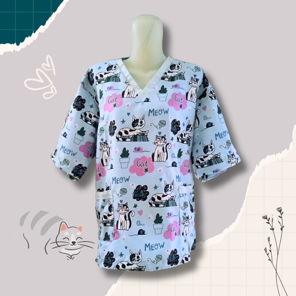 BAJU PRAKTEK DOKTER HEWAN BIRU MUDA MOTIF KUCING MENARIK BAJU KLINIK HEWAN BAJU CO ASS DOKTER HEWAN