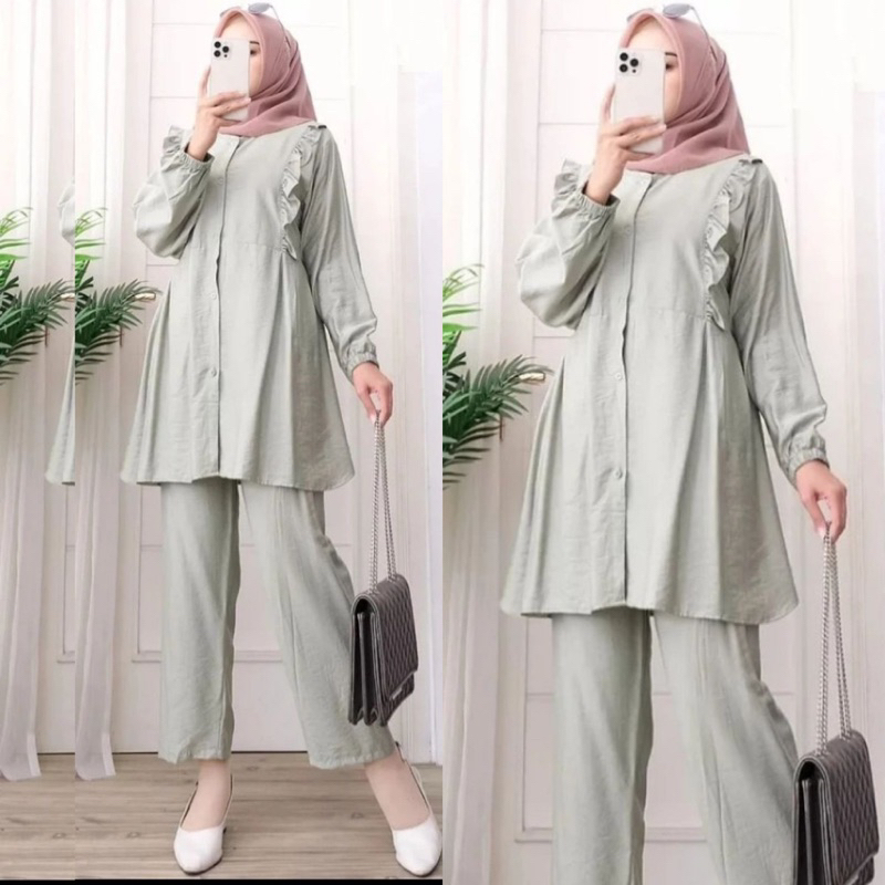 LONGTUNIK ONESET  POLO LINEN  SETELAN ONE SET WANITA MUSLIMAH TERMURAH PANJANG EKSKLUSIF