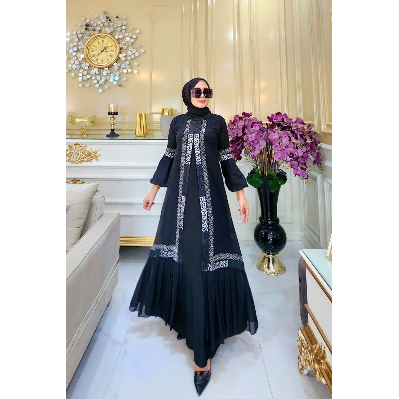 Gamis Abaya Turkey Hitam Bordir Sakura Lengan Balon