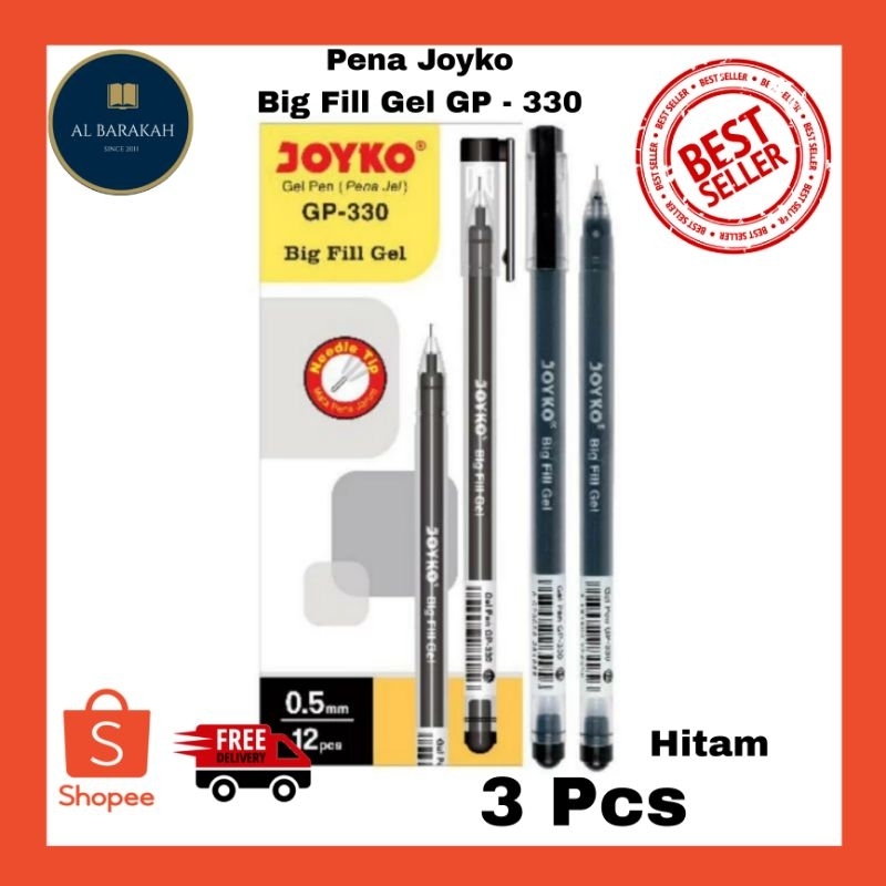 

3 PCS !!! Pena HITAM Joyko GP-330 Big Fill Gel 0.5 mm Gel Pen Pulpen