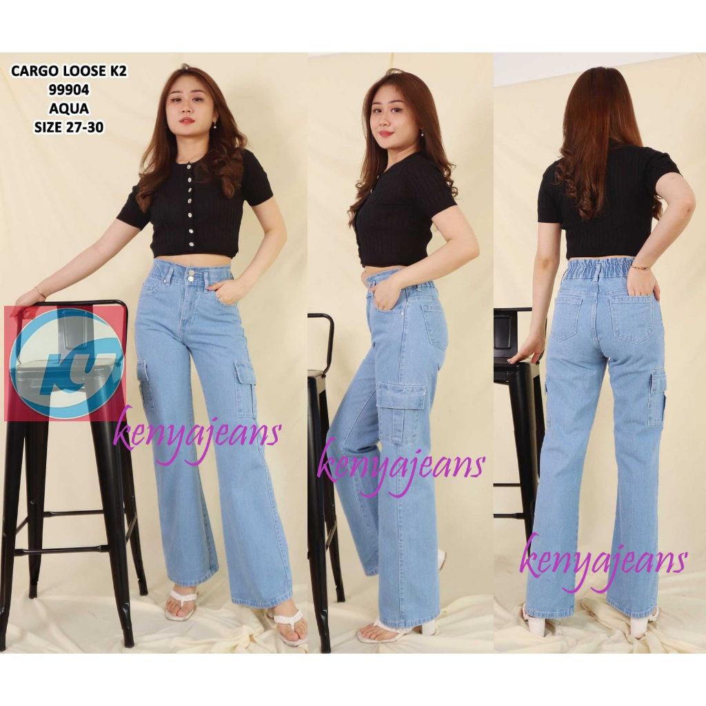 7C-G CARGO LOOSE JEANS PINGGANG KARET PREMIUM ~ BOYFRIEND CARGO ~ CELANA JEANS WANITA KARGO ~ NON STREACH ~ BIRU MUDA (AQUA) ~ 27-30