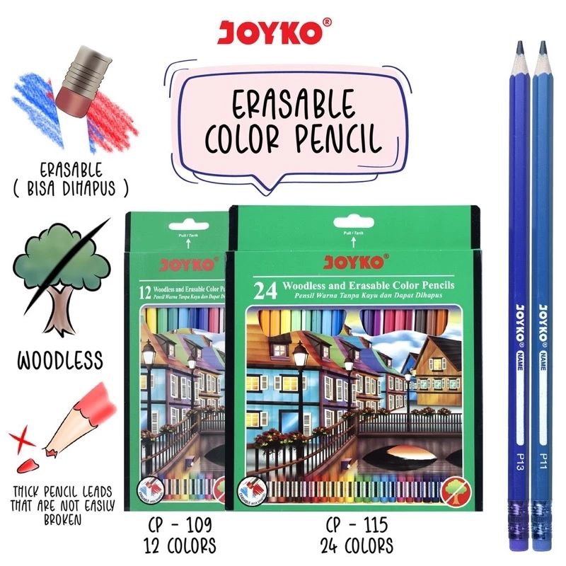 

HJK Pensil Warna Joyko 24 warna panjang CP-115 Bisa Di Hapus ( 1set/24wrn )