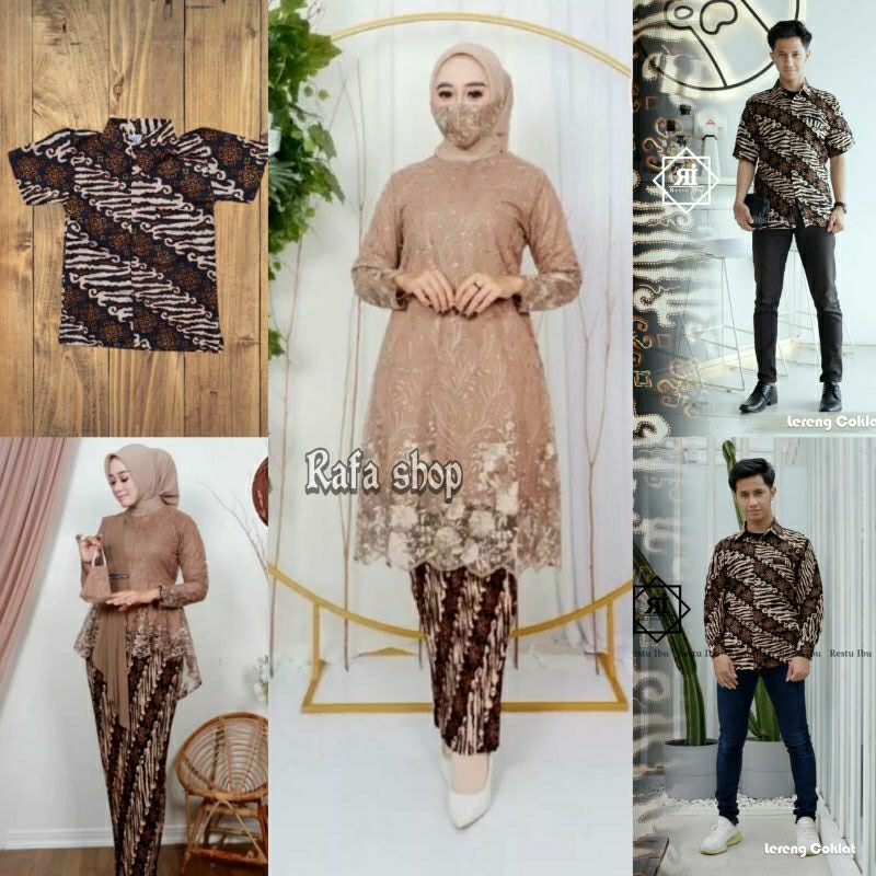Set kebaya couple tunik moca/ Baju batik couple motif lereng coklat