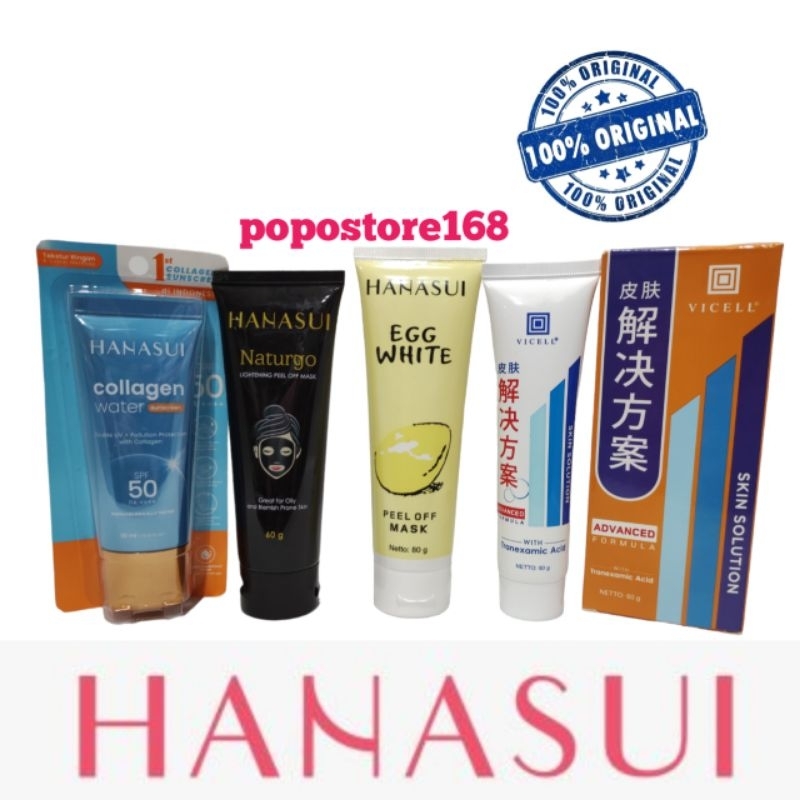 HANASUI COLLAGEN WATER SUNSCREEN SPF 50/ NATURGO LIGHTENING PEEL OFF MASK/ EGG WHITE PEEL OFF MASK/ 