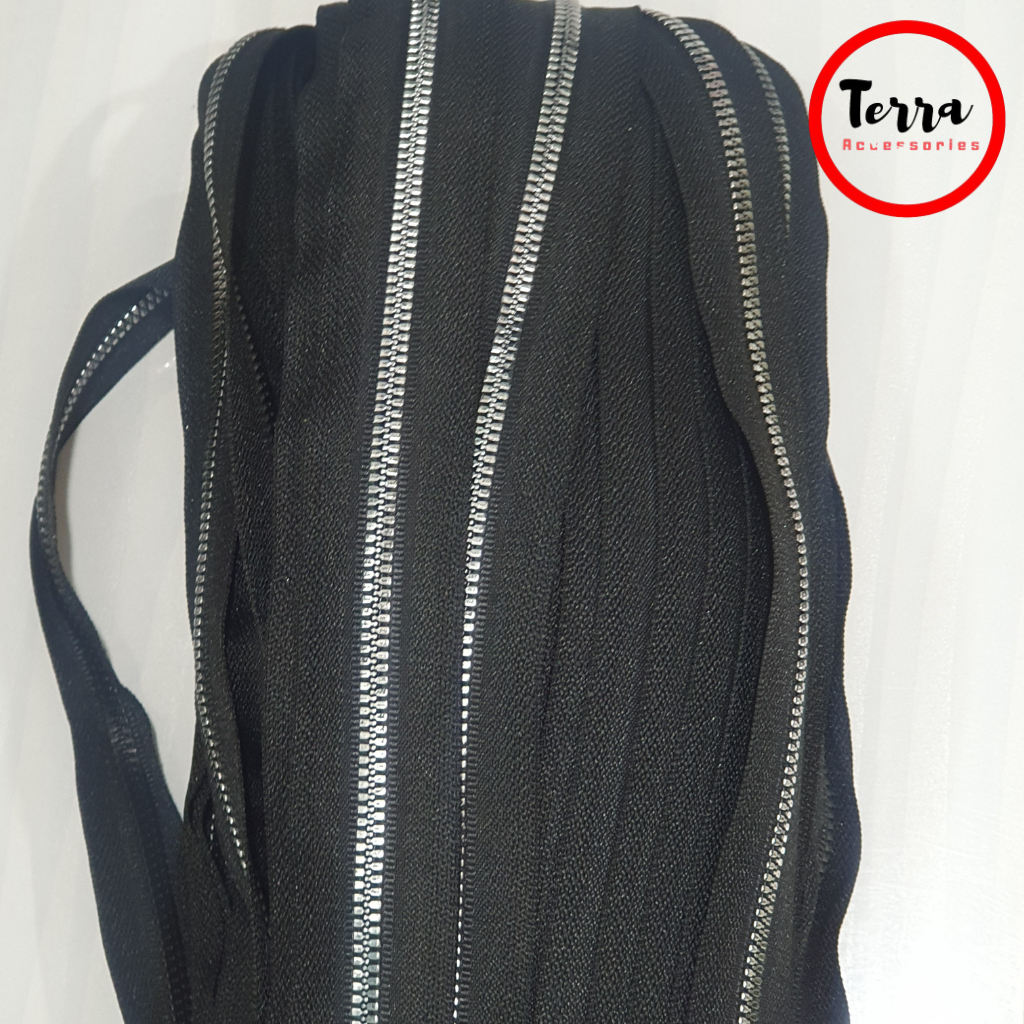 Daun Resleting Nomor 5 Besi Hitam Silver | Daun Zipper Gigi Besi Metalon Hitam Silver Abu