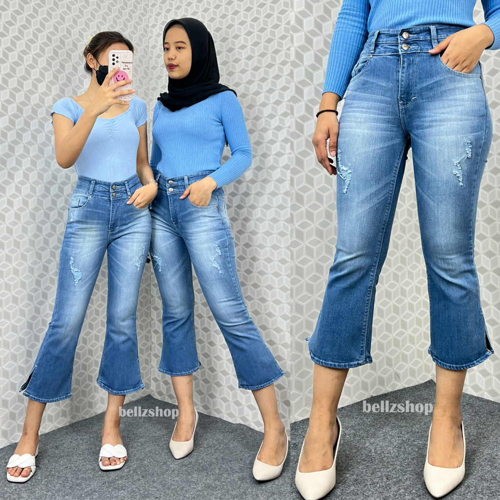 Celana Jeans Cutbray 7 9 Highwaist Wanita Stretch Jumbo Belah Samping Kancing 2 Premium 4705