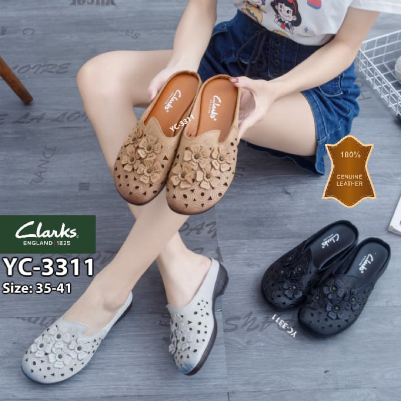 TERMURAH Sendal Clarks YC-3311 Leather Flowers Sandal 3cm / Sandal kulit wanita import / Sendal kerj