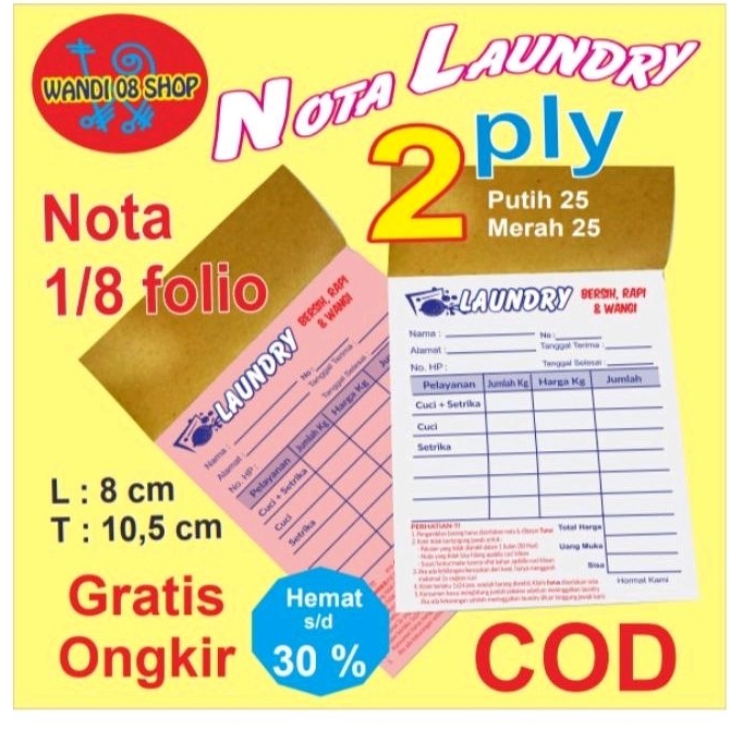 

nota laundry 2 ply Tulisan 2 warna ukuran 1/8 folio isi 25 set.Ready stock