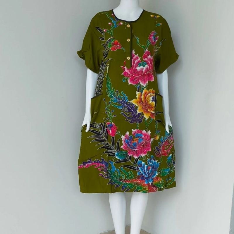 Daster Dress Premium Wanita Dewasa Lengan Pendek Batik Kencana Ungu Label Biru Original Ld 120 Cm Ka
