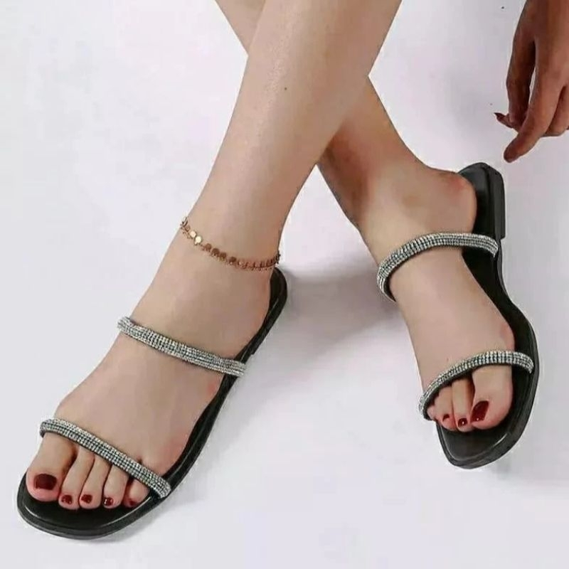 NATASHA Sandal Flat Teplek Wanita Sandal Wanita Selop Ban 2 Permata Kekinian Terbaru Simple Elegan