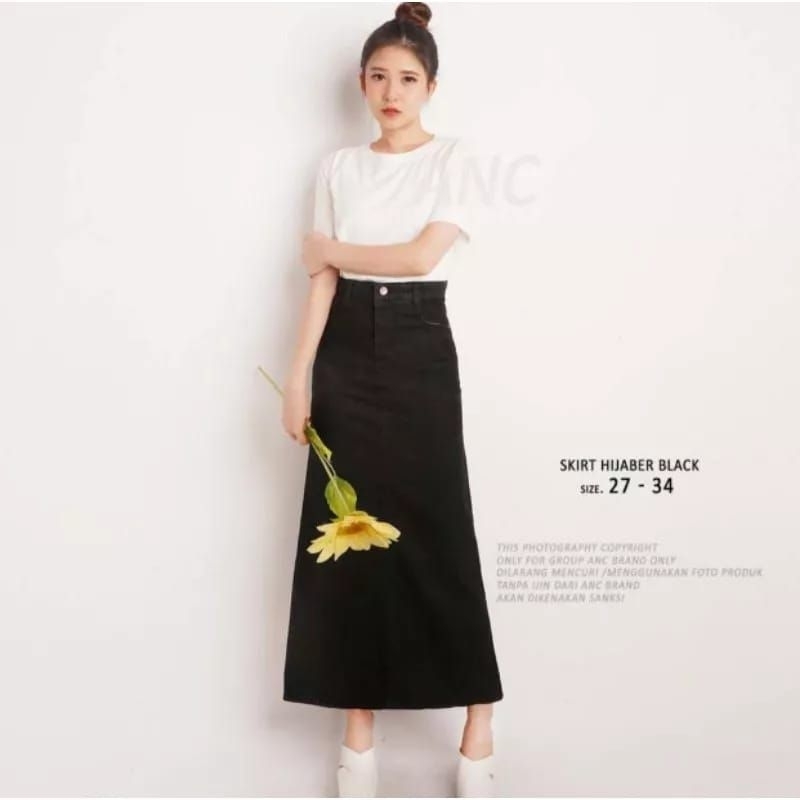 Rok Jeans Wanita - Rok Panjang Jeans Hitam Black