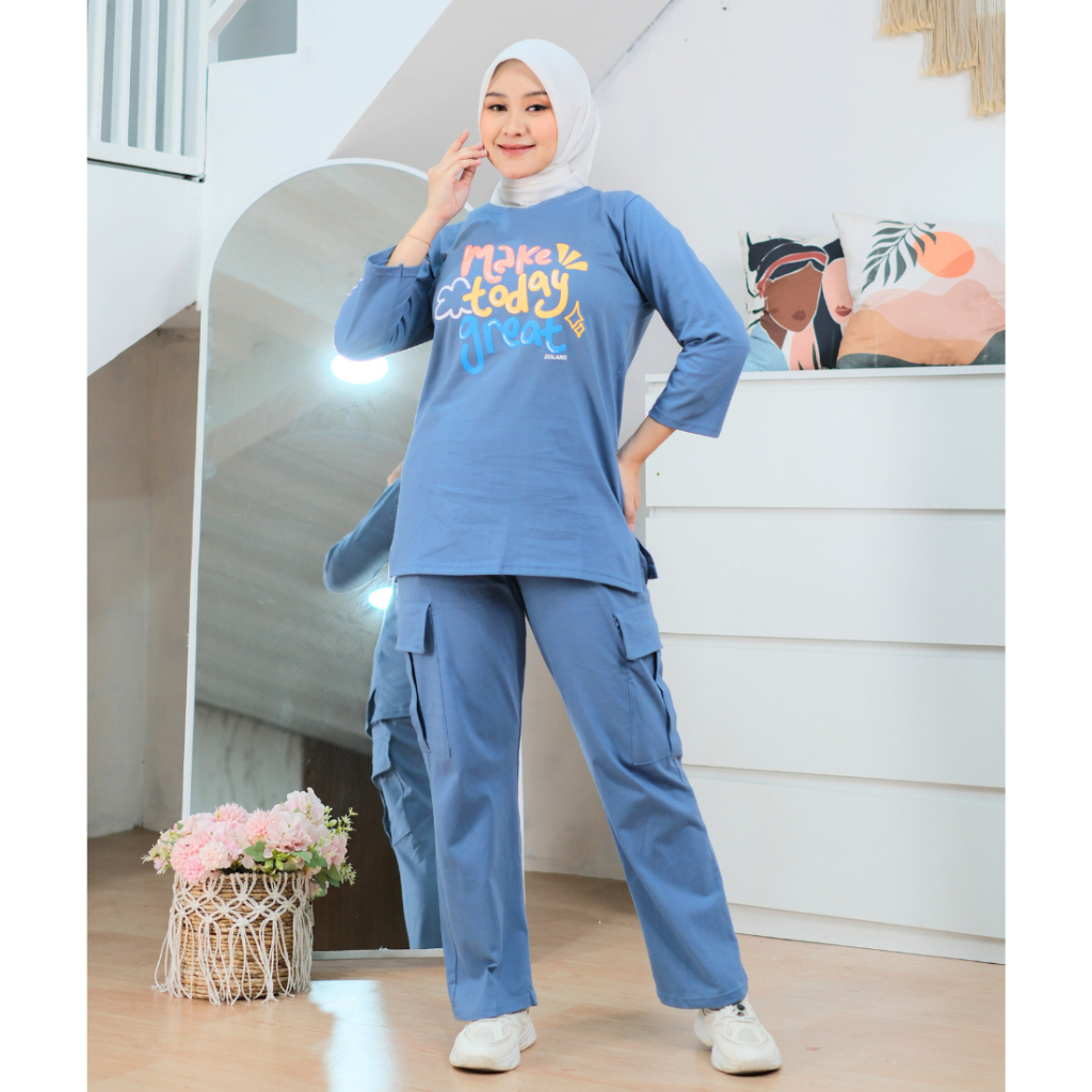 One Set Cargo Wanita - Setelan Baju Celana Cargo Olahraga Wanita Moana Set Zolaris