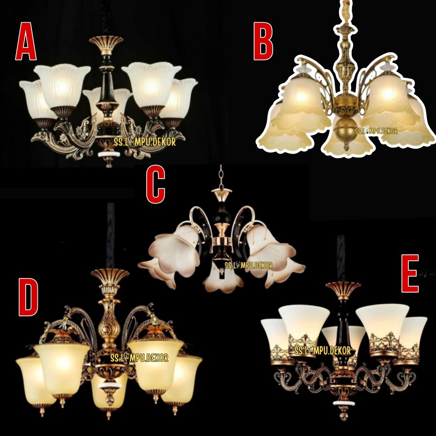 LAMPU GANTUNG MINIMALIS KLASIK CABANG 5 HIAS RUANG TAMU RUANG MAKAN KAMAR