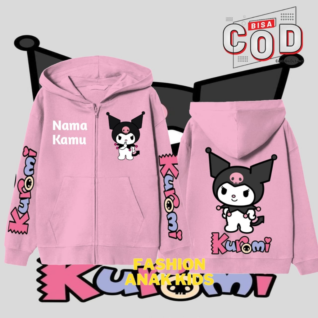 (BISA COD) Jaket Zipper Hoodie Anak Laki Perempuan Gambar Kuromi Free Nama