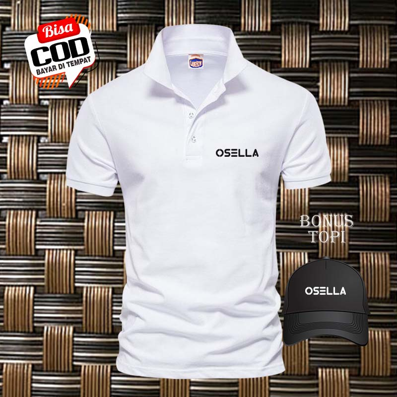 POLO SHIRT PRIA baju kaos kerah / kaos berkerah Osella Text Kiri Hitam Bonus Topi / Kaos Polo Atasan