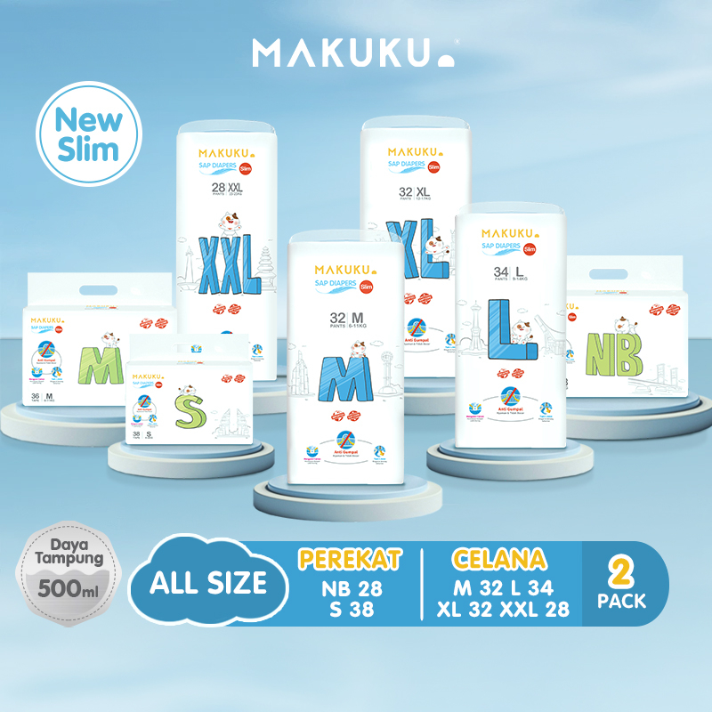Makuku Sap Diapers Slim / Nb28/S38/M32/L34/Xl32/Xxl28 / Popok Bayi Tipis Sap Anti Gumpal Cepat Kering Sekali Pakai Tipe / Perlengkapan Bayi Baru Lahir / Popok Newborn