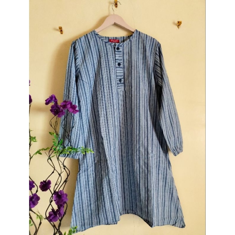 Tunik katun salur wanita lengan panjang muslimah