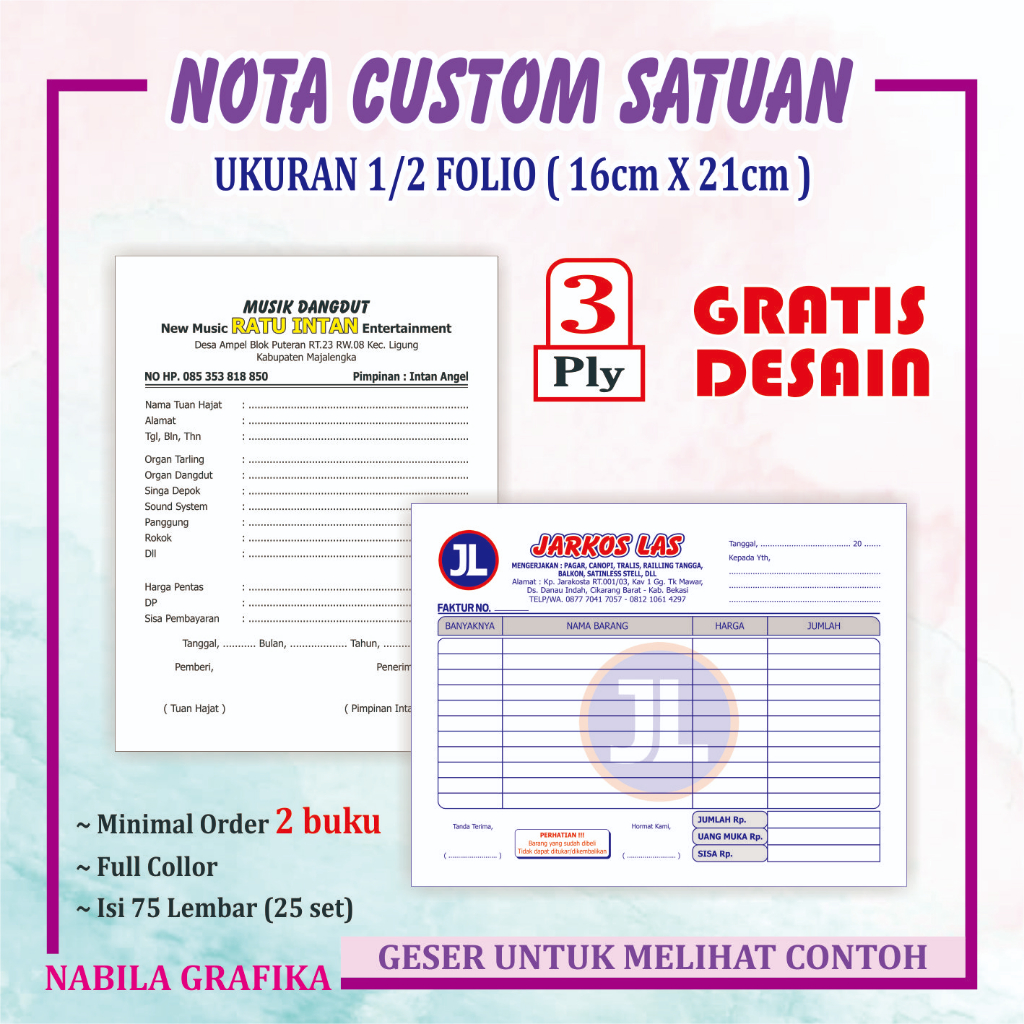 

Cetak nota custom 1/2 folio 3 ply nama usaha sendiri