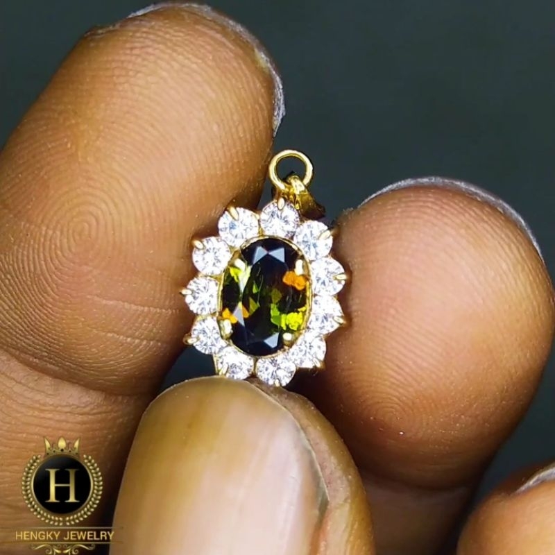 Batu Dravite Tourmaline Liontin Ring Perak Handmade